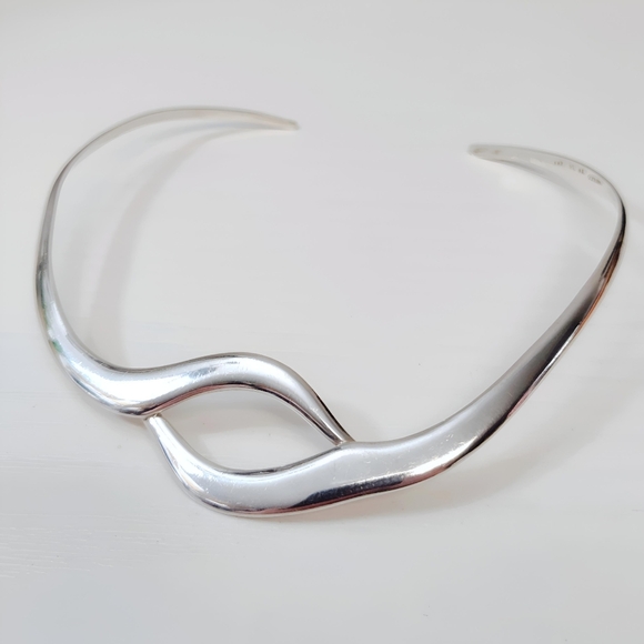 TAXCO Solid Sterling Silver Modernist Wave Eyelet Open back Collar Necklace - Picture 11 of 12